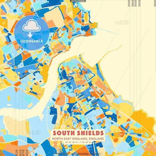 South Shields, North East England, England blue and orange vector art map template