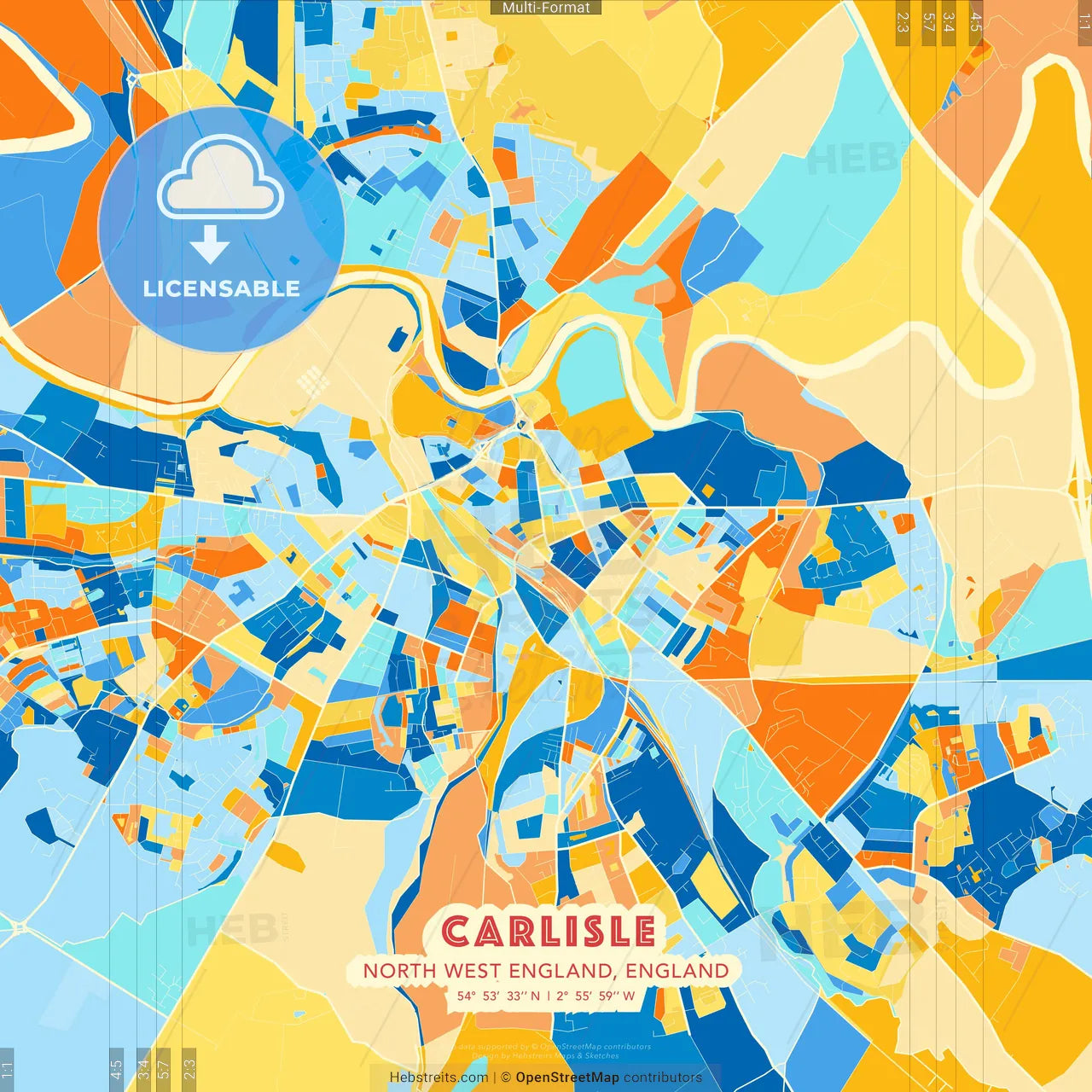 Carlisle, North West England, England blue and orange vector art map template