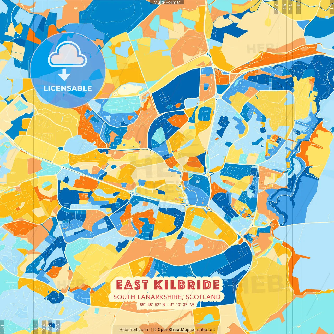 East Kilbride, South Lanarkshire, Scotland blue and orange vector art map template