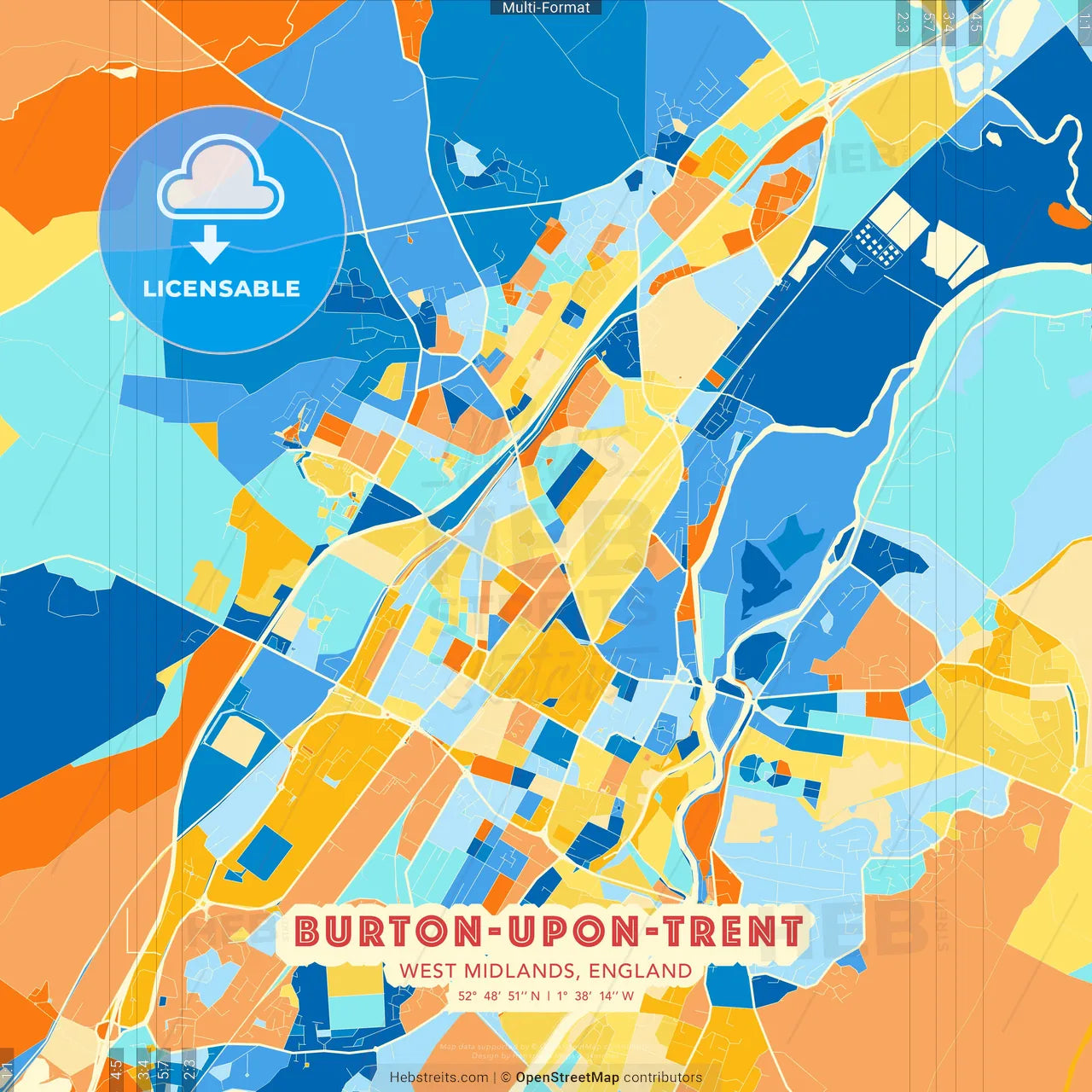 Burton-upon-Trent, West Midlands, England blue and orange vector art map template