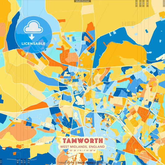 Tamworth, West Midlands, England blue and orange vector art map template