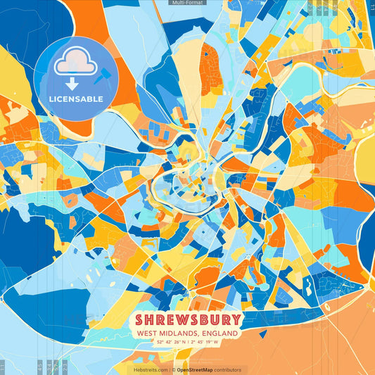 Shrewsbury, West Midlands, England blue and orange vector art map template