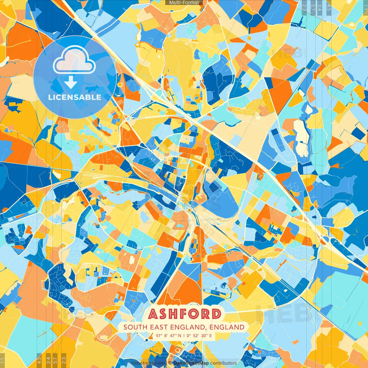 Ashford, South East England, England blue and orange vector art map template