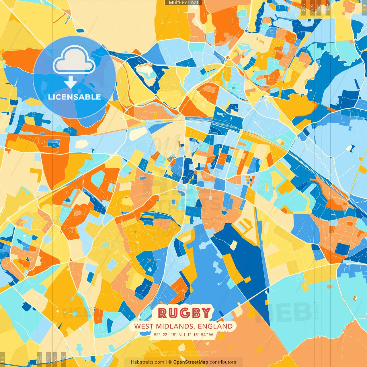 Rugby, West Midlands, England blue and orange vector art map template