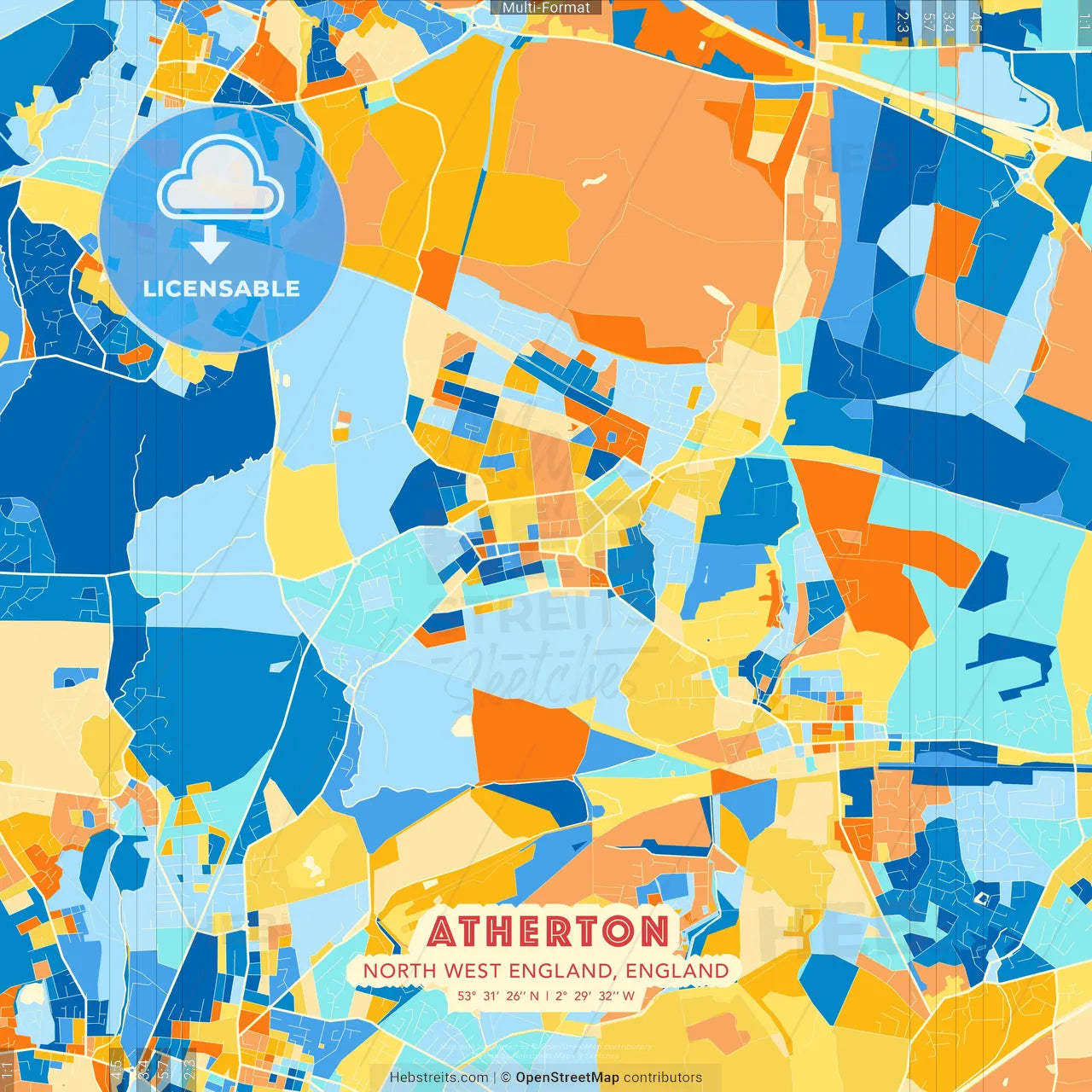 Atherton, North West England, England blue and orange vector art map template