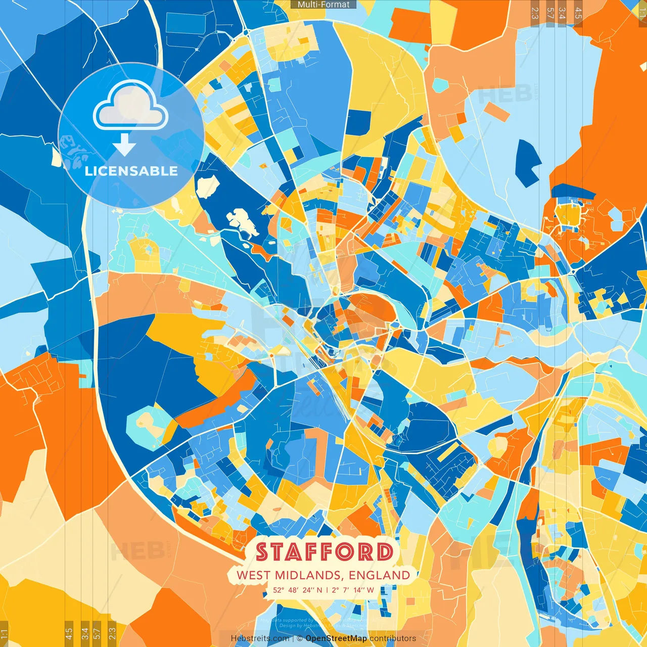Stafford, West Midlands, England blue and orange vector art map template