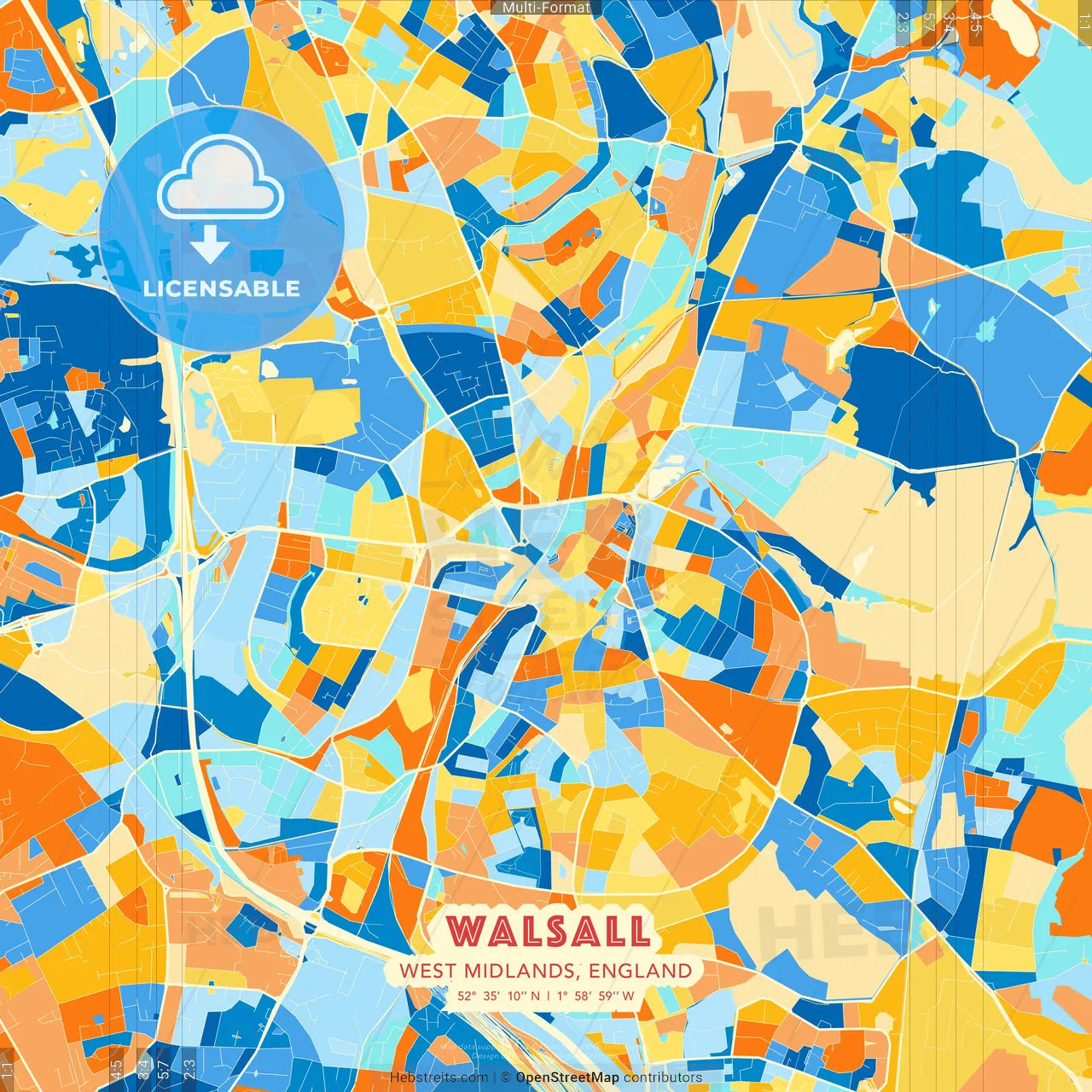 Walsall, West Midlands, England blue and orange vector art map template