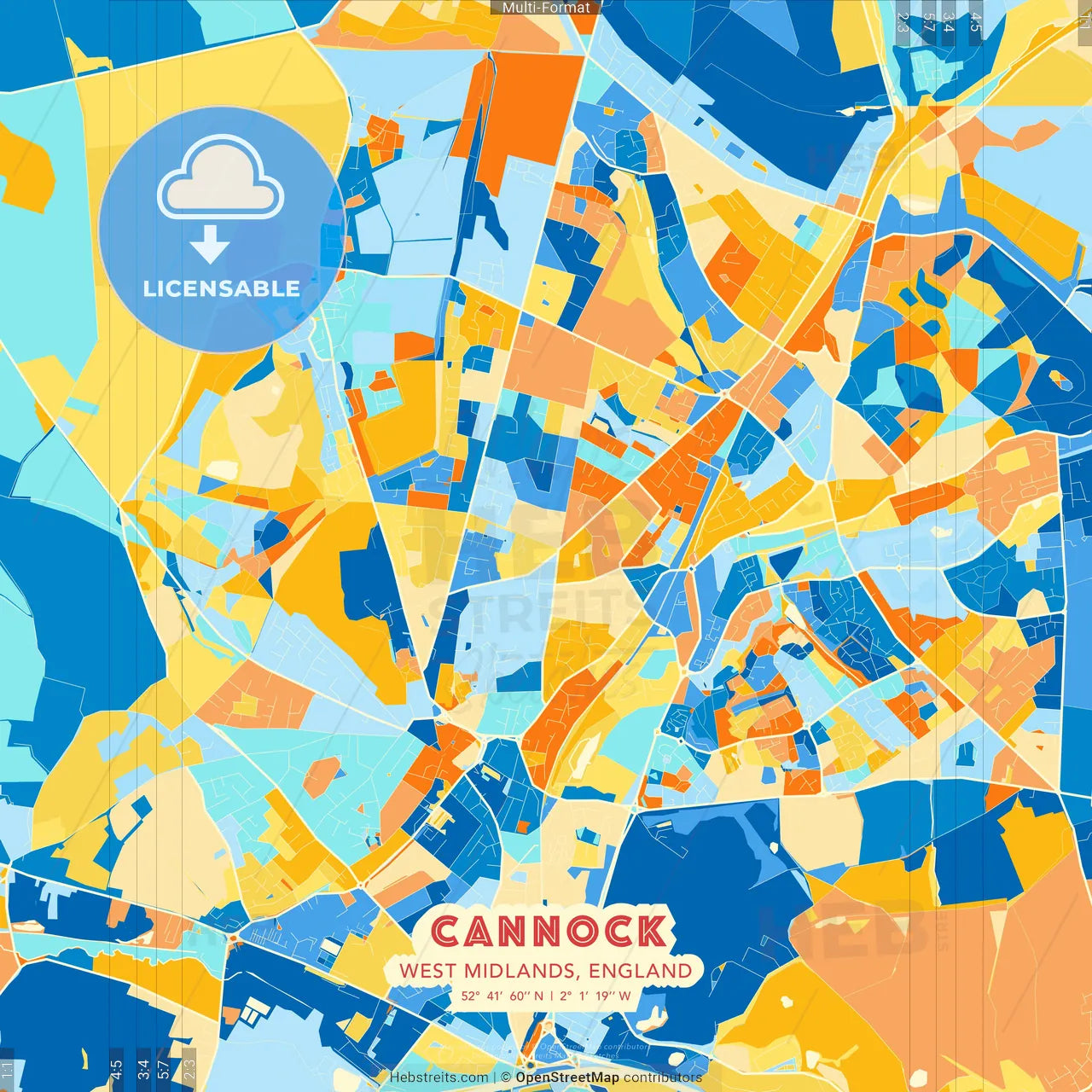 Cannock, West Midlands, England blue and orange vector art map template