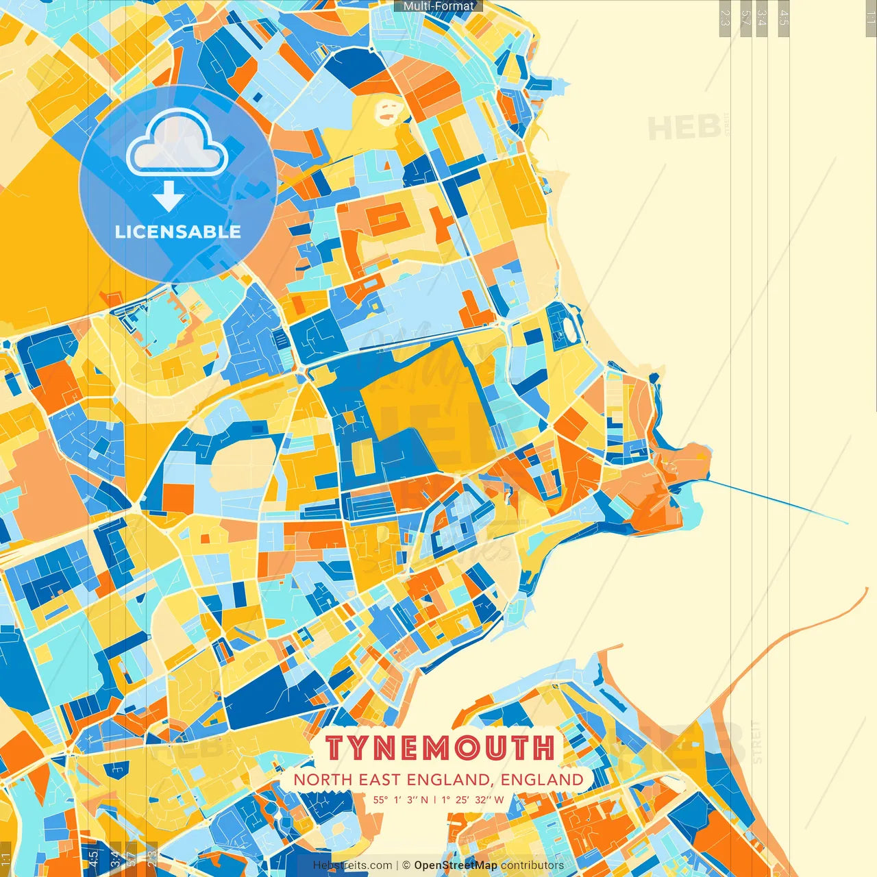 Tynemouth, North East England, England blue and orange vector art map template