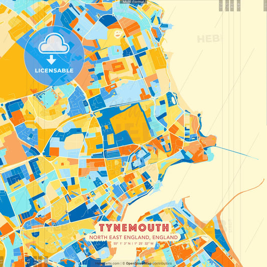 Tynemouth, North East England, England blue and orange vector art map template