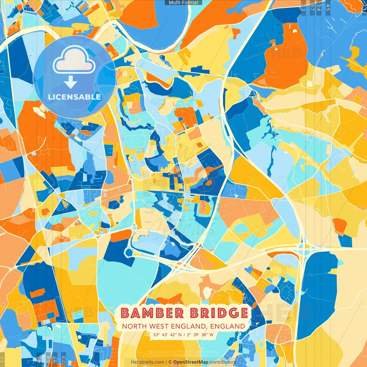 Bamber Bridge, North West England, England blue and orange vector art map template