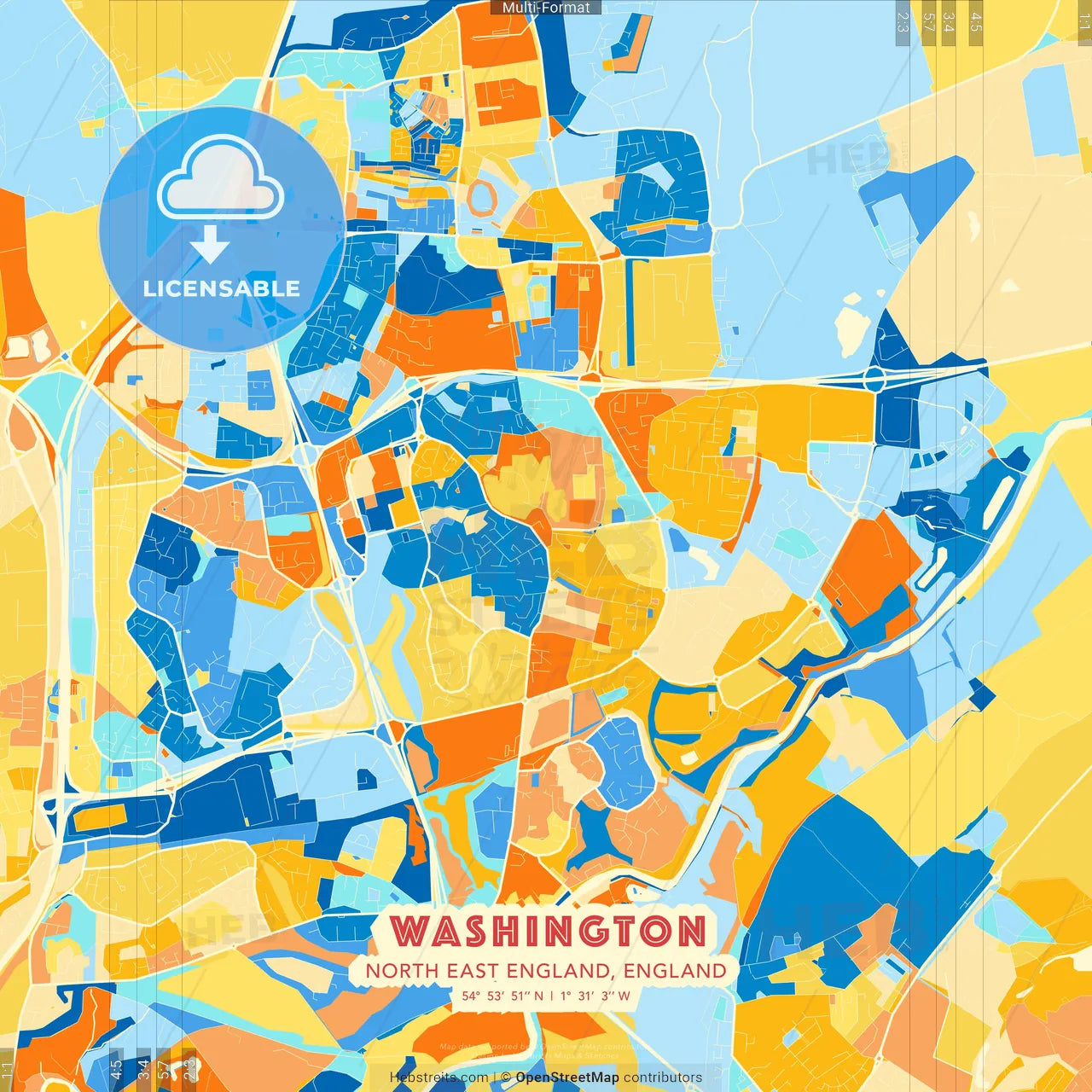 Washington, North East England, England blue and orange vector art map template