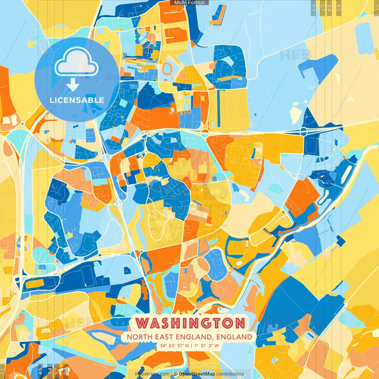 Washington, North East England, England blue and orange vector art map template