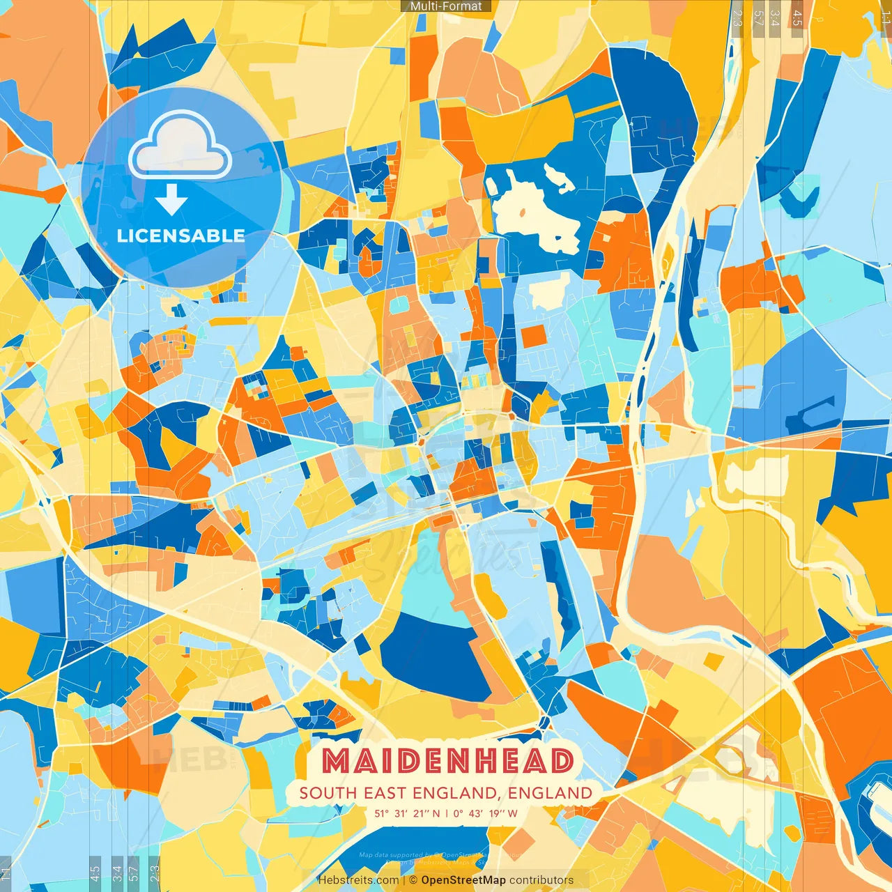 Maidenhead, South East England, England blue and orange vector art map template