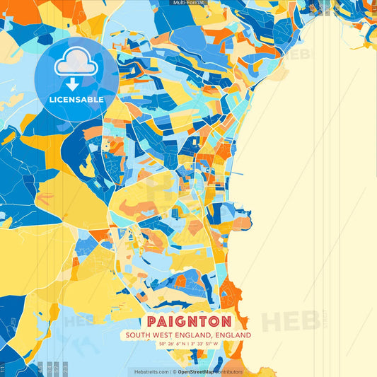 Paignton, South West England, England blue and orange vector art map template
