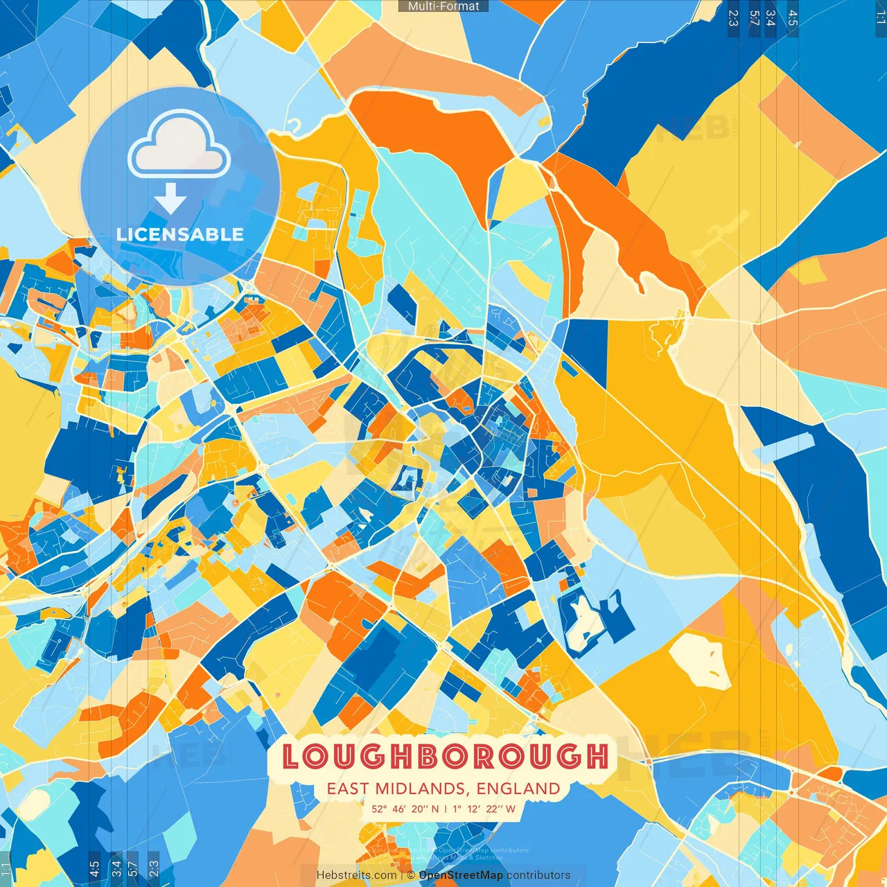 Loughborough, East Midlands, England blue and orange vector art map template