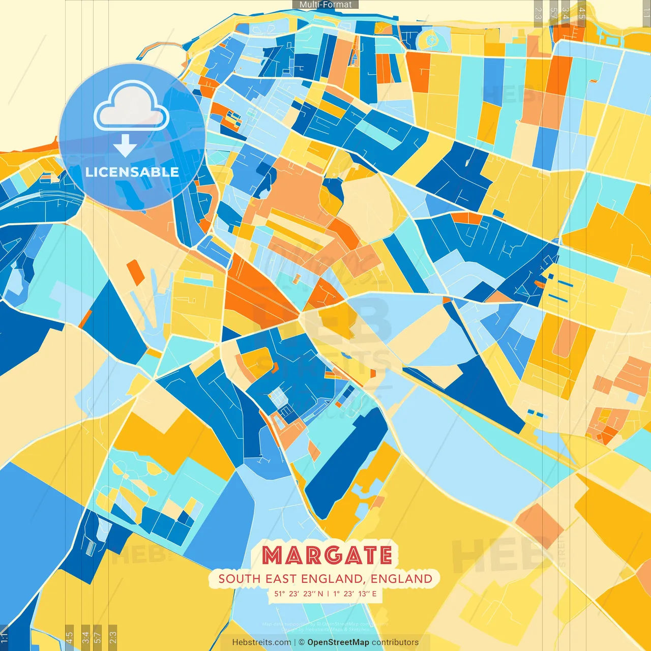 Margate, South East England, England blue and orange vector art map template