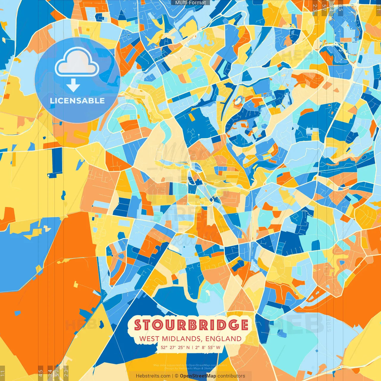 Stourbridge, West Midlands, England blue and orange vector art map template