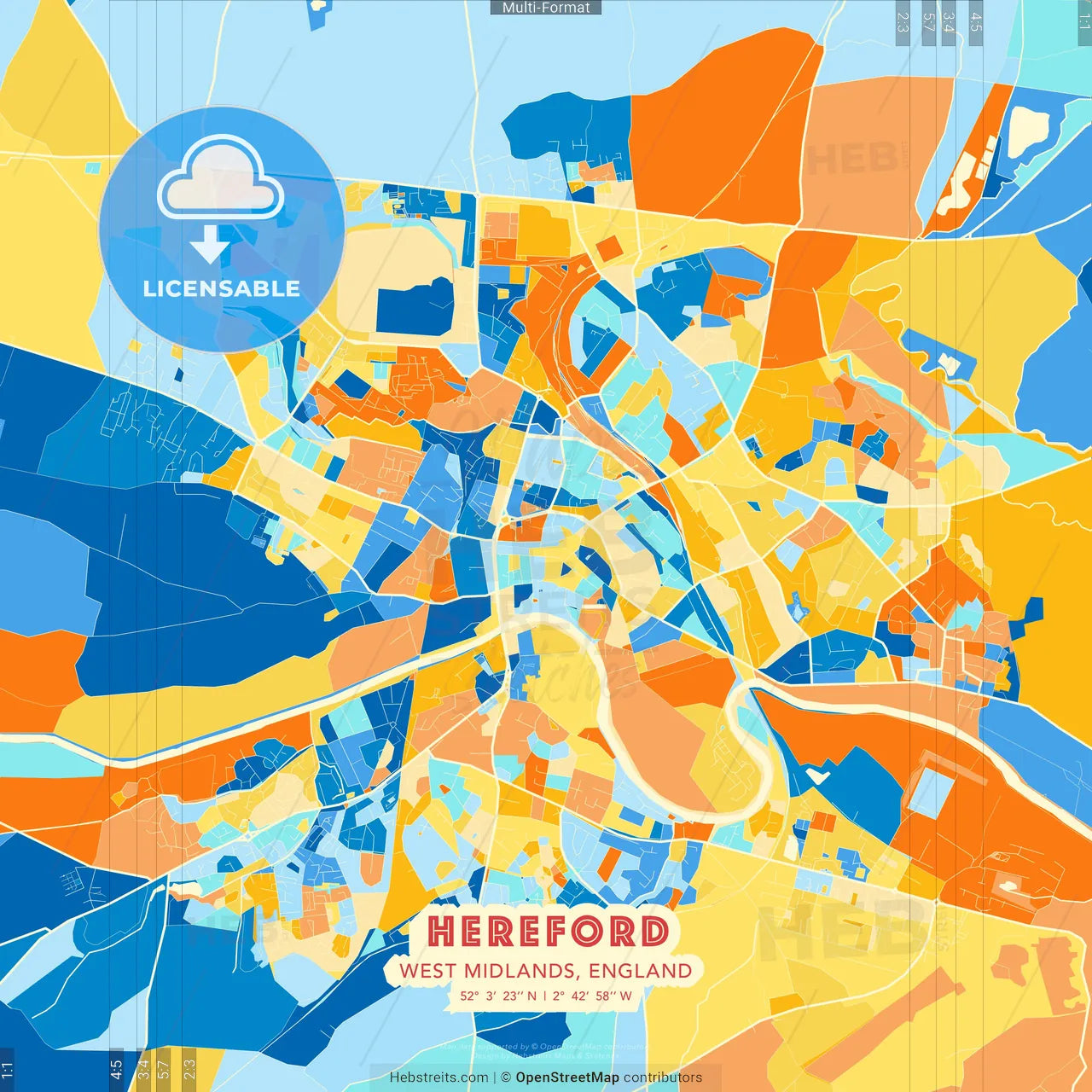 Hereford, West Midlands, England blue and orange vector art map template