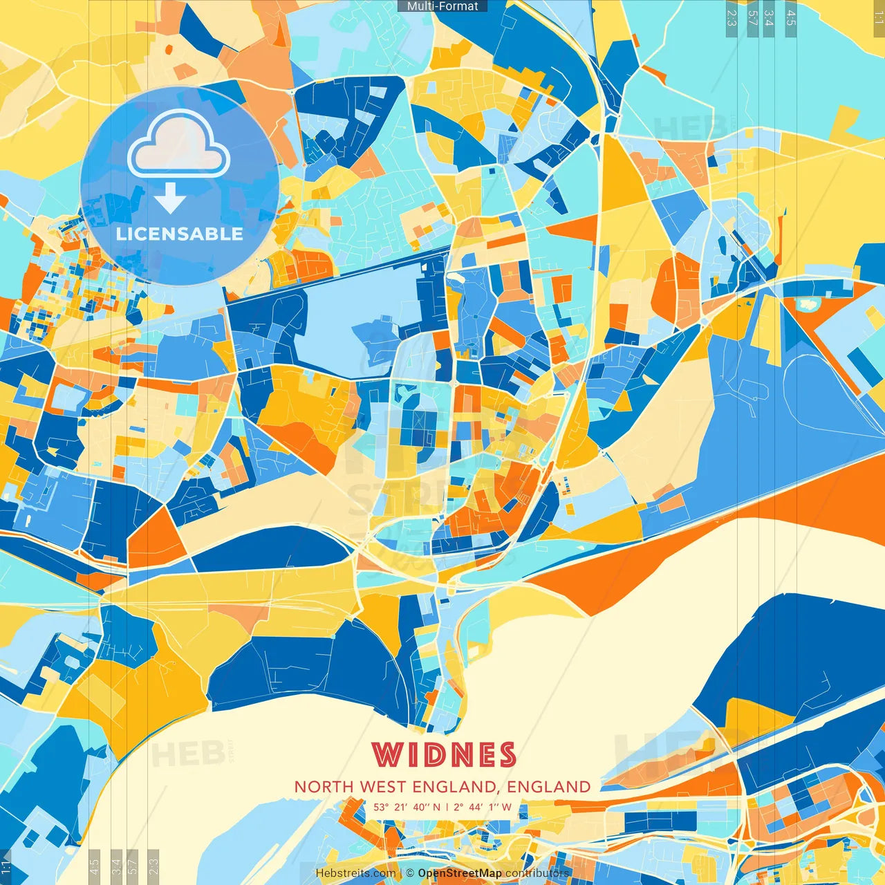Widnes, North West England, England blue and orange vector art map template
