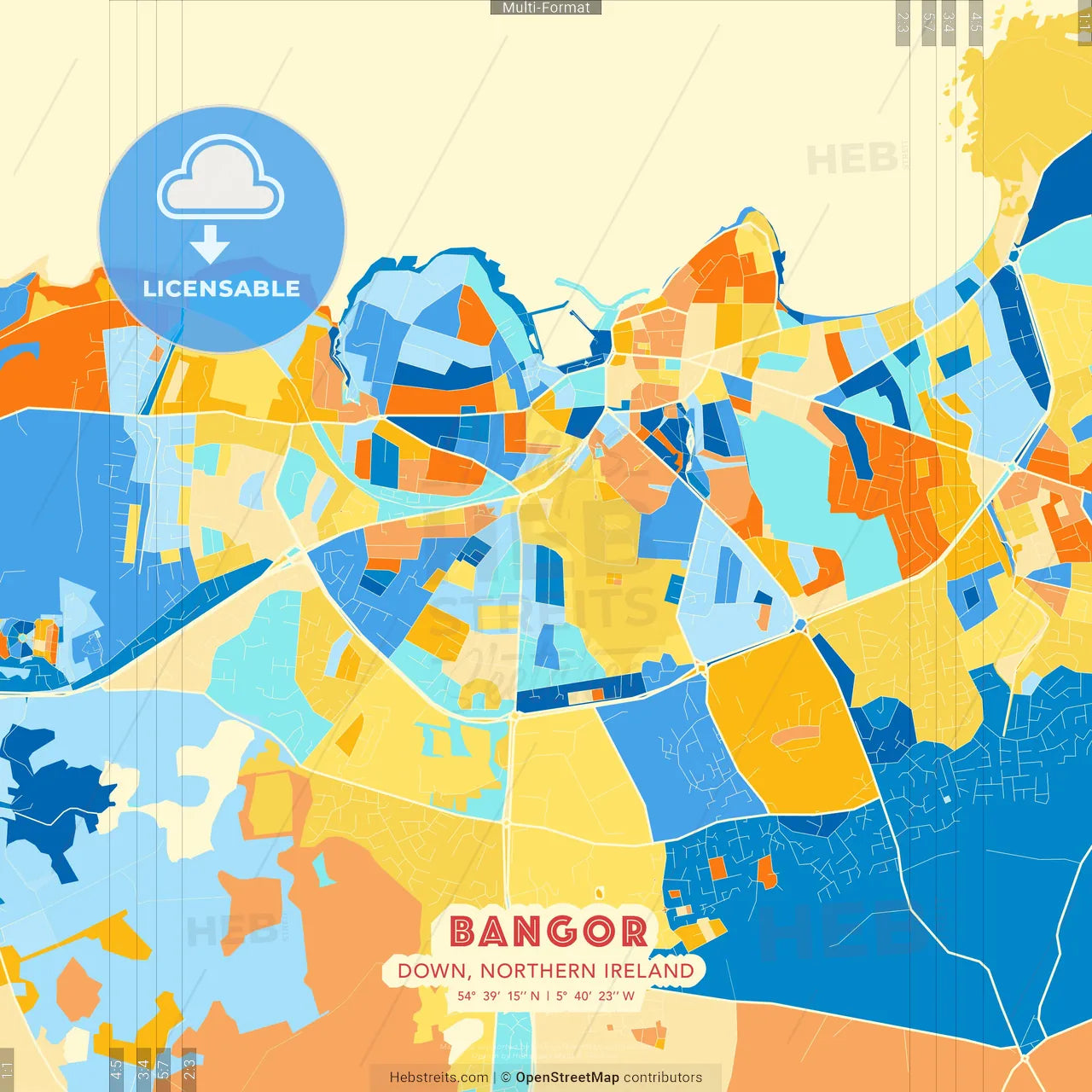 Bangor, Down, Northern Ireland blue and orange vector art map template