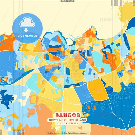 Bangor, Down, Northern Ireland blue and orange vector art map template