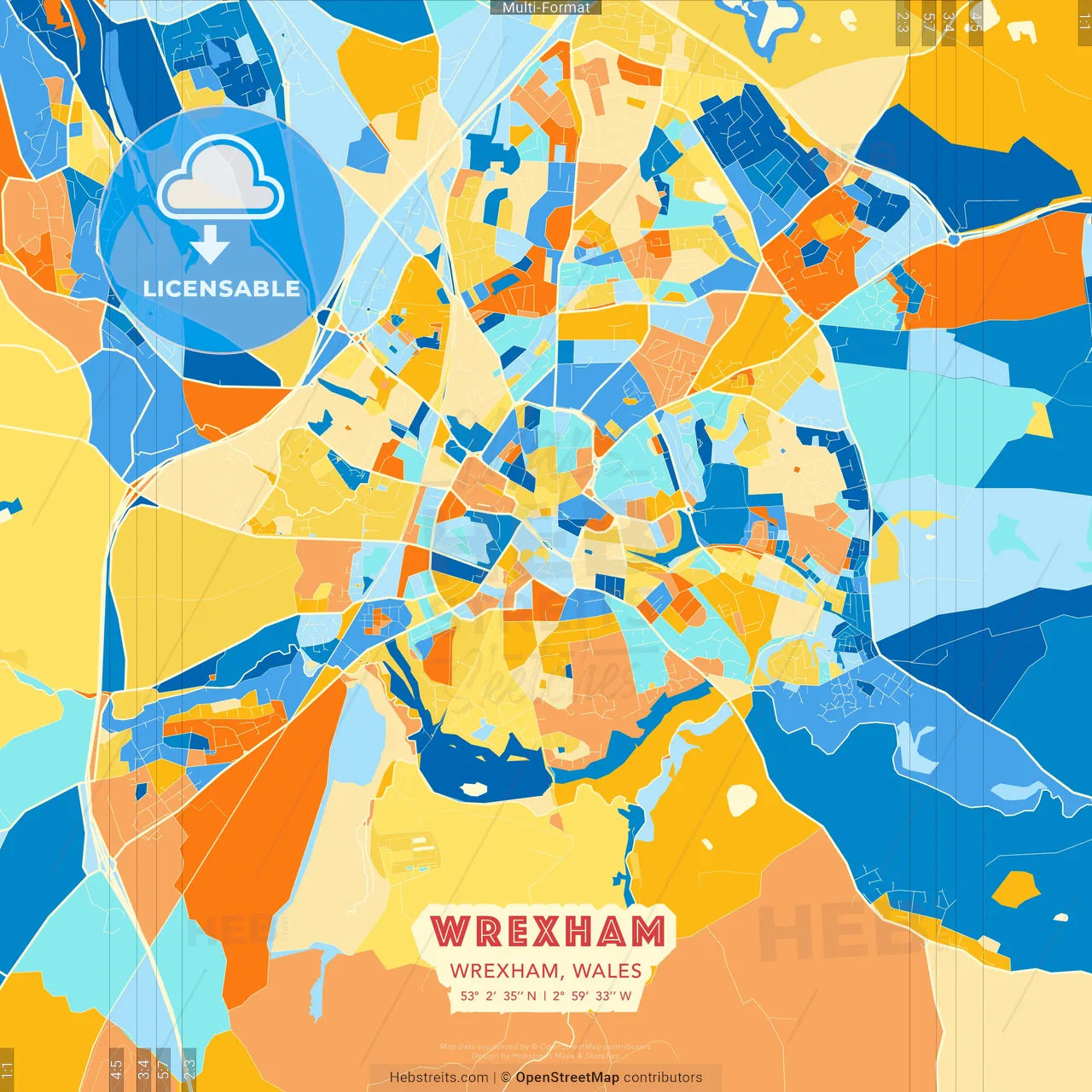 Wrexham, Wrexham, Wales blue and orange vector art map template
