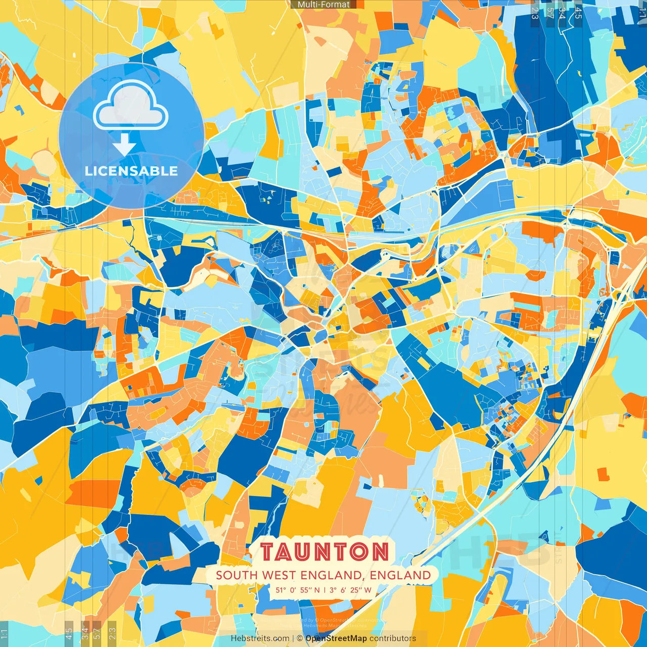 Taunton, South West England, England blue and orange vector art map template