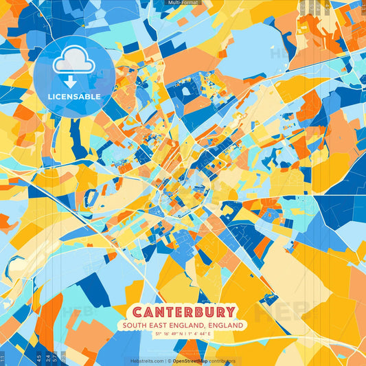Canterbury, South East England, England blue and orange vector art map template