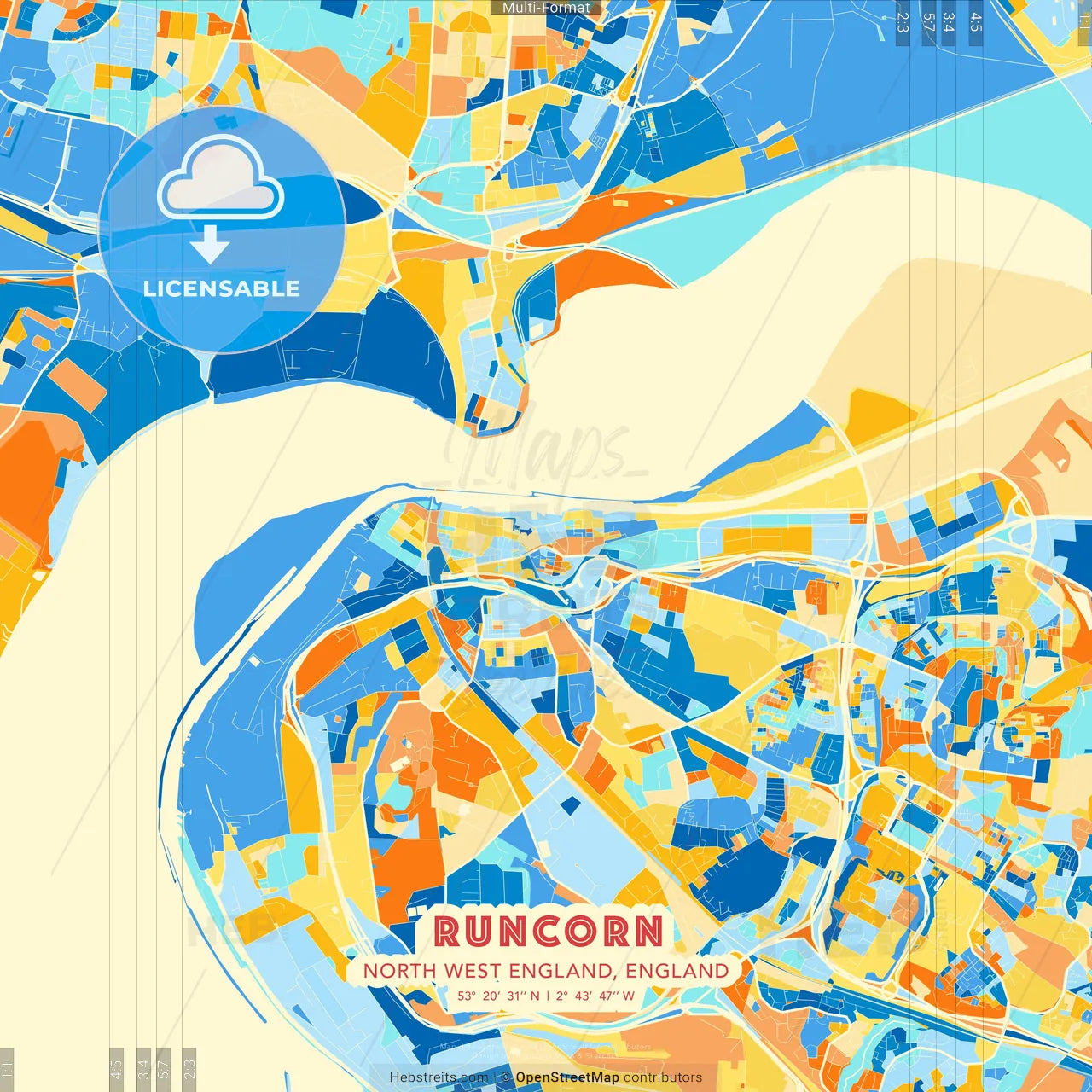 Runcorn, North West England, England blue and orange vector art map template