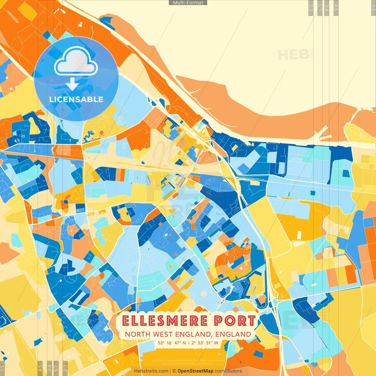 Ellesmere Port, North West England, England blue and orange vector art map template