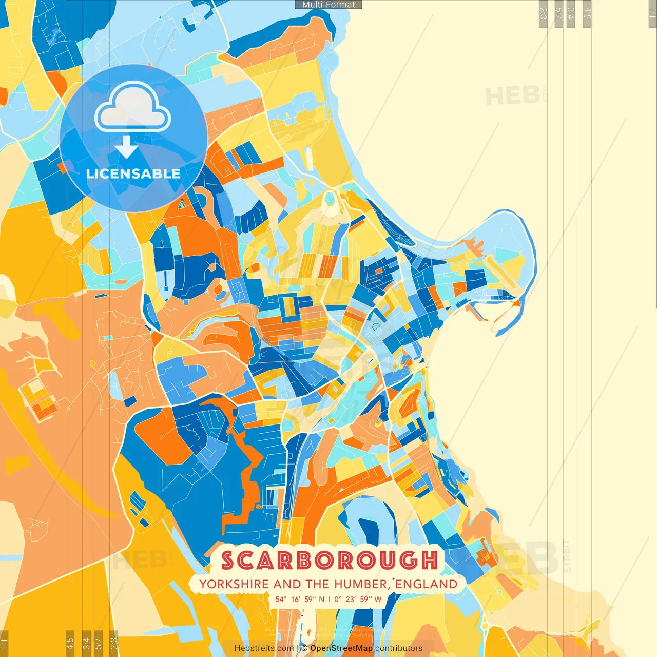Scarborough, Yorkshire and the Humber, England blue and orange vector art map template