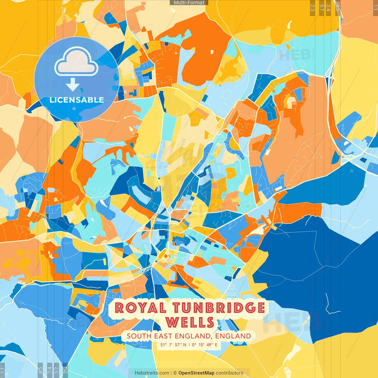 Royal Tunbridge Wells, South East England, England blue and orange vector art map template