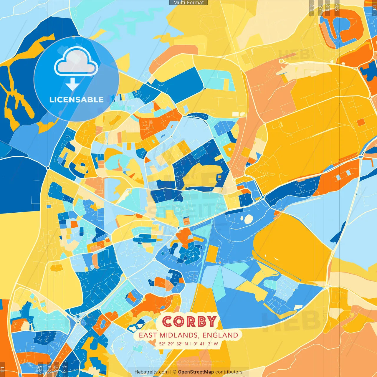 Corby, East Midlands, England blue and orange vector art map template