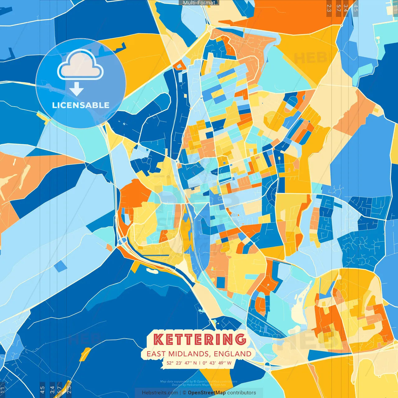 Kettering, East Midlands, England blue and orange vector art map template