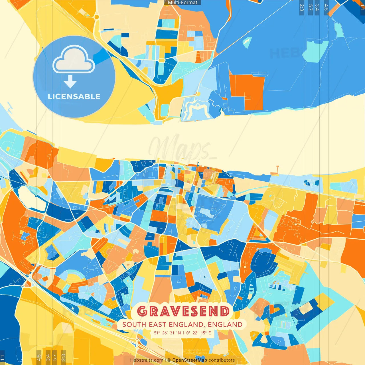 Gravesend, South East England, England blue and orange vector art map template