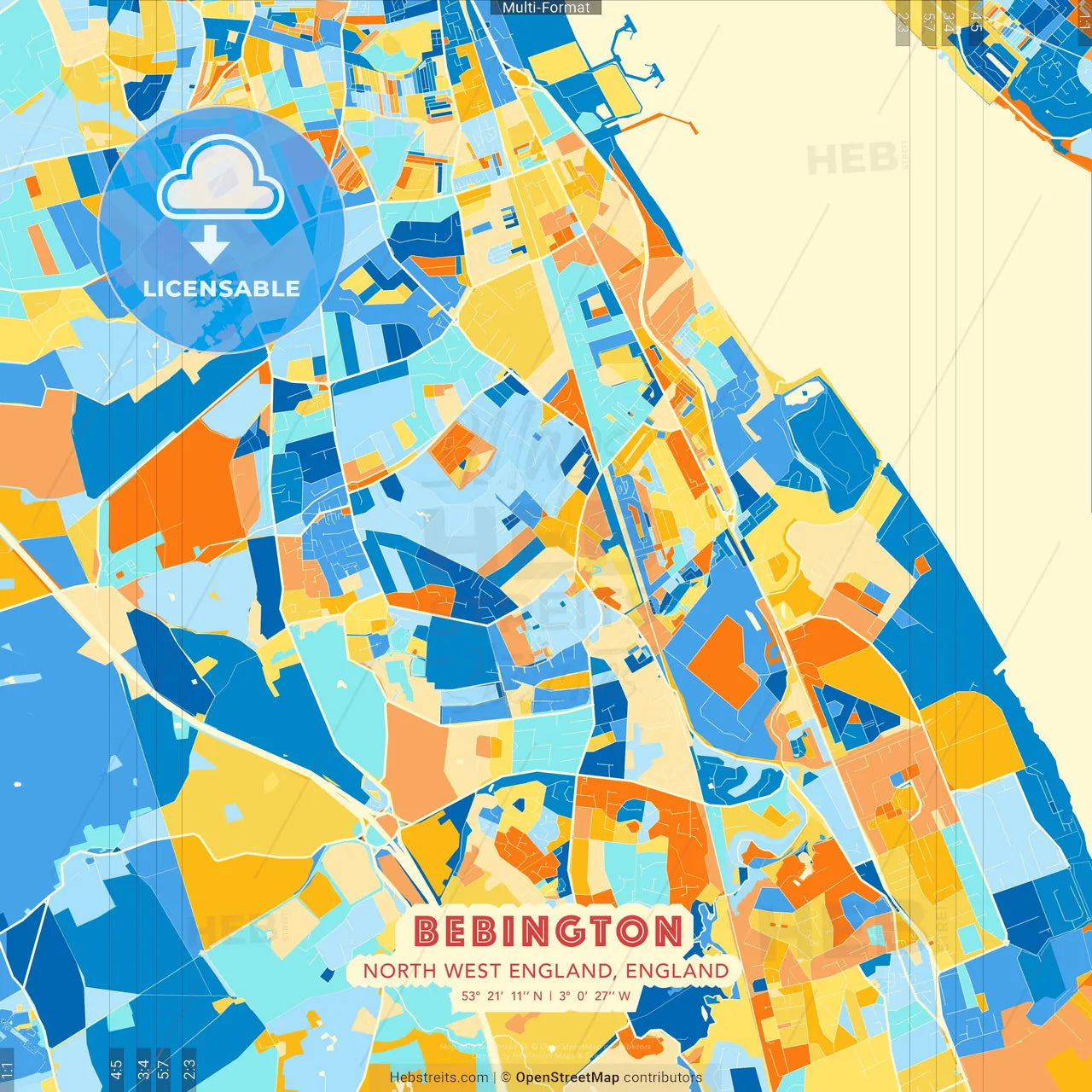 Bebington, North West England, England blue and orange vector art map template