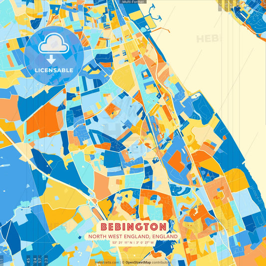 Bebington, North West England, England blue and orange vector art map template