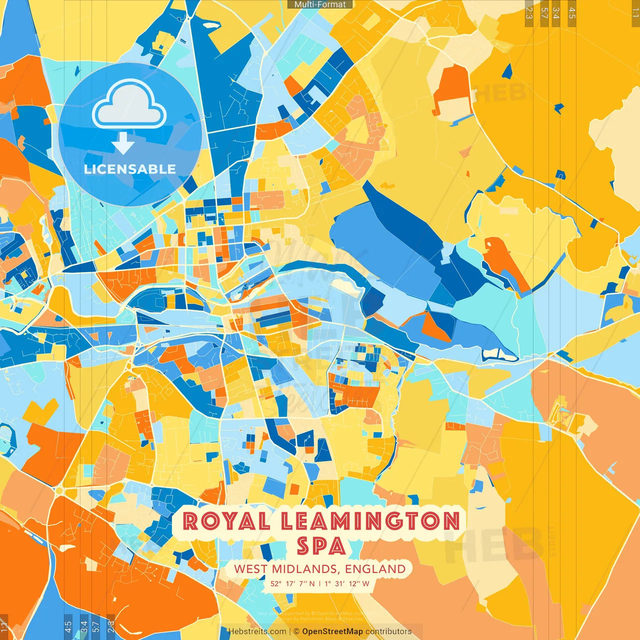 Royal Leamington Spa, West Midlands, England blue and orange vector art map template