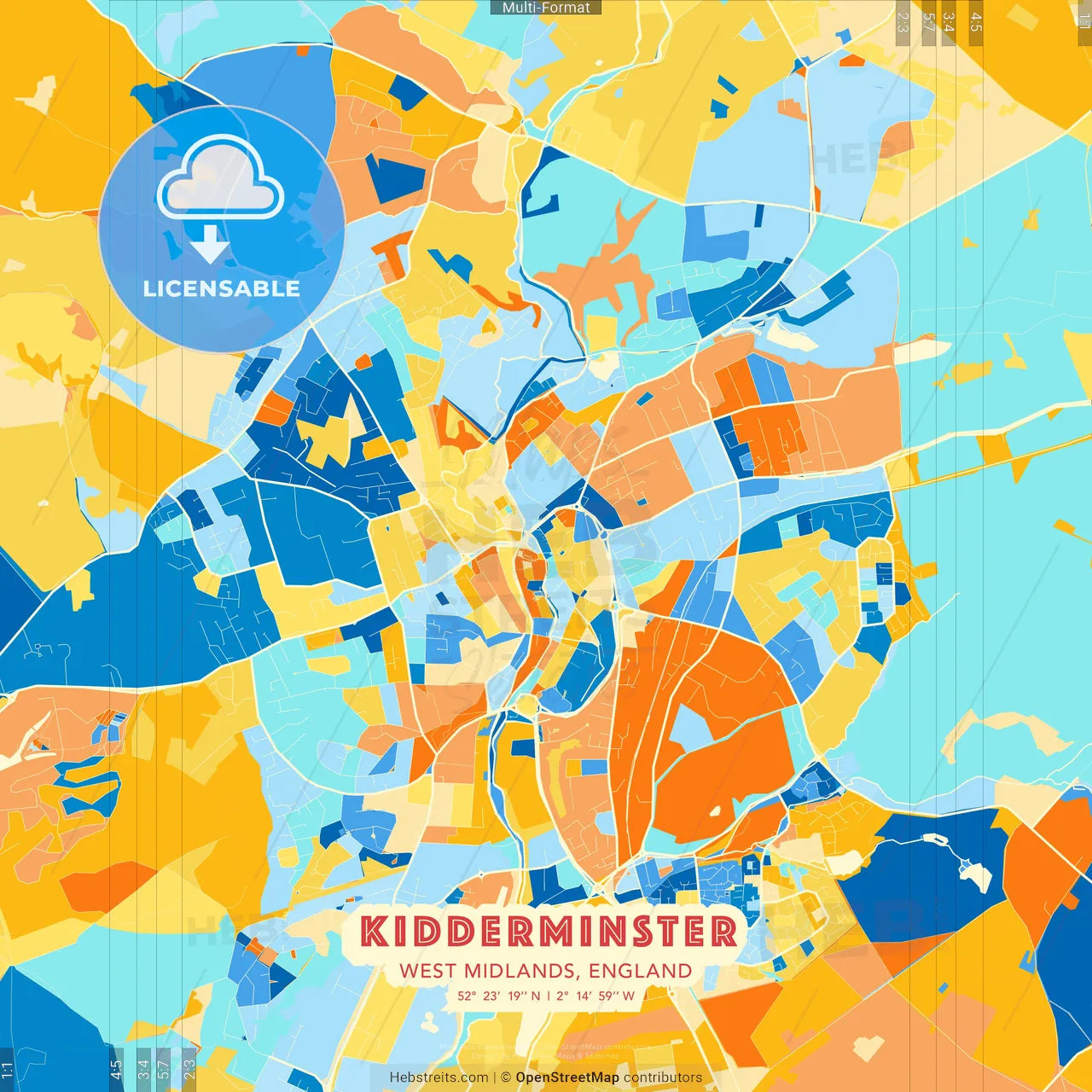 Kidderminster, West Midlands, England blue and orange vector art map template