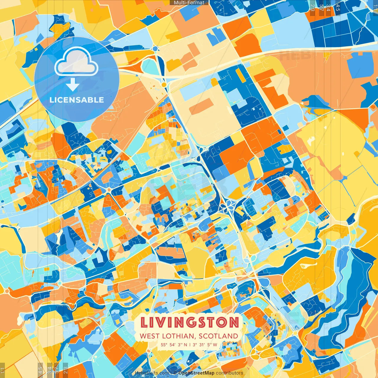 Livingston, West Lothian, Scotland blue and orange vector art map template