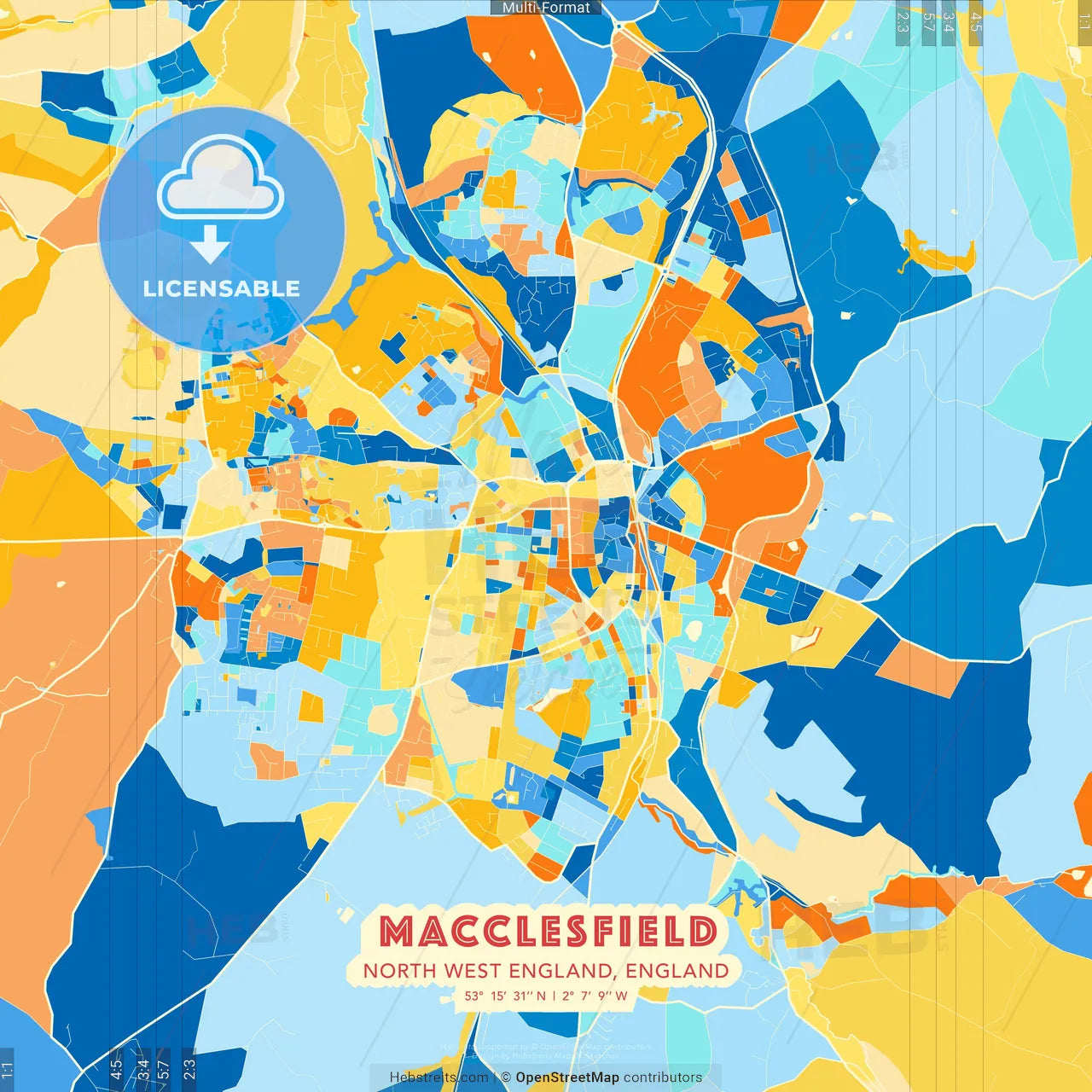 Macclesfield, North West England, England blue and orange vector art map template