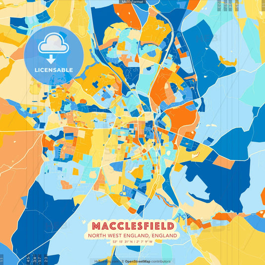 Macclesfield, North West England, England blue and orange vector art map template