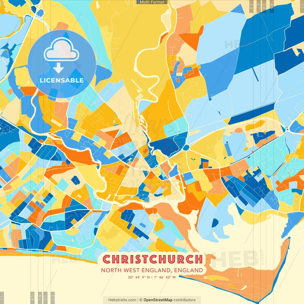 Christchurch, North West England, England blue and orange vector art map template