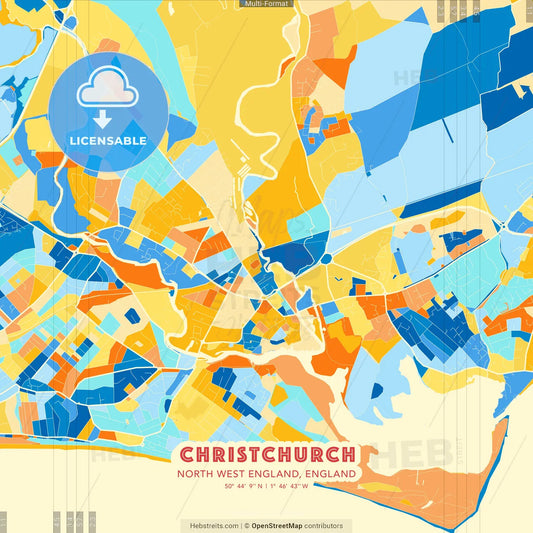 Christchurch, North West England, England blue and orange vector art map template