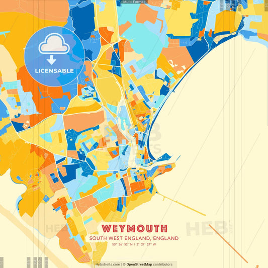 Weymouth, South West England, England blue and orange vector art map template