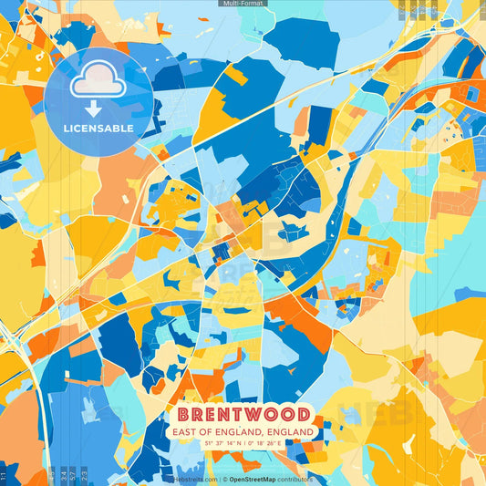 Brentwood, East of England, England blue and orange vector art map template