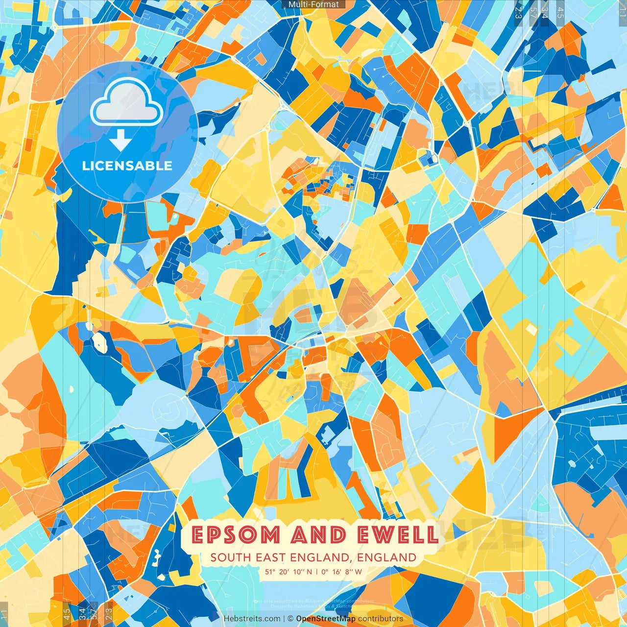 Epsom and Ewell, South East England, England blue and orange vector art map template