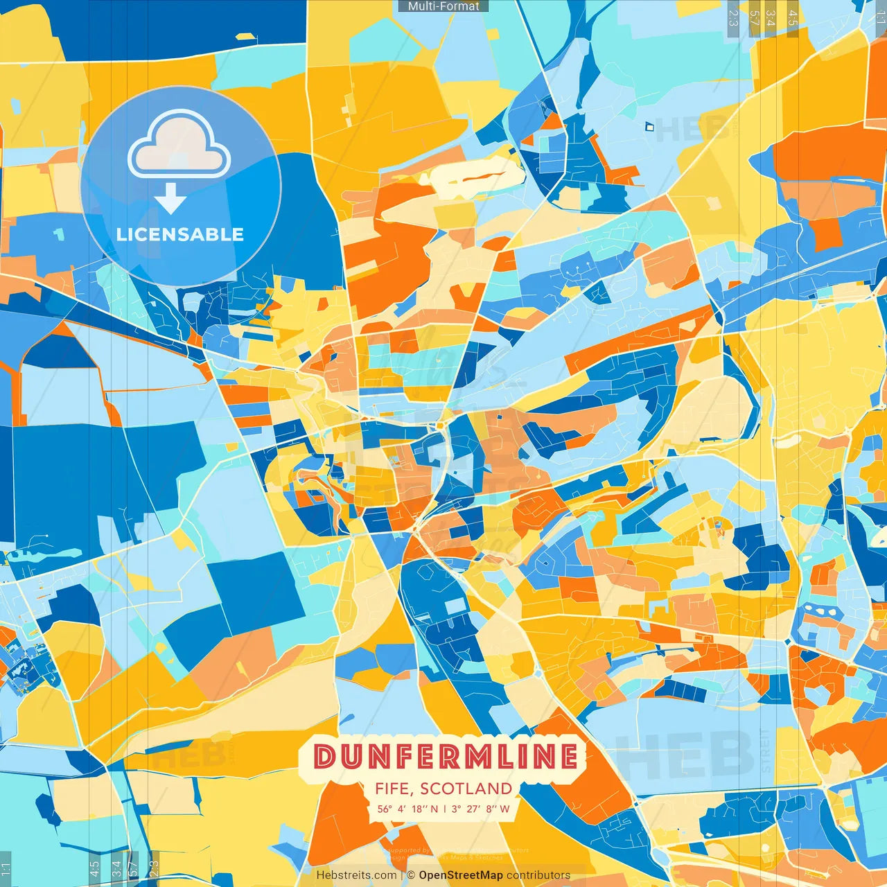 Dunfermline, Fife, Scotland blue and orange vector art map template