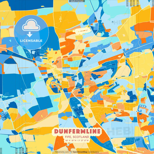Dunfermline, Fife, Scotland blue and orange vector art map template